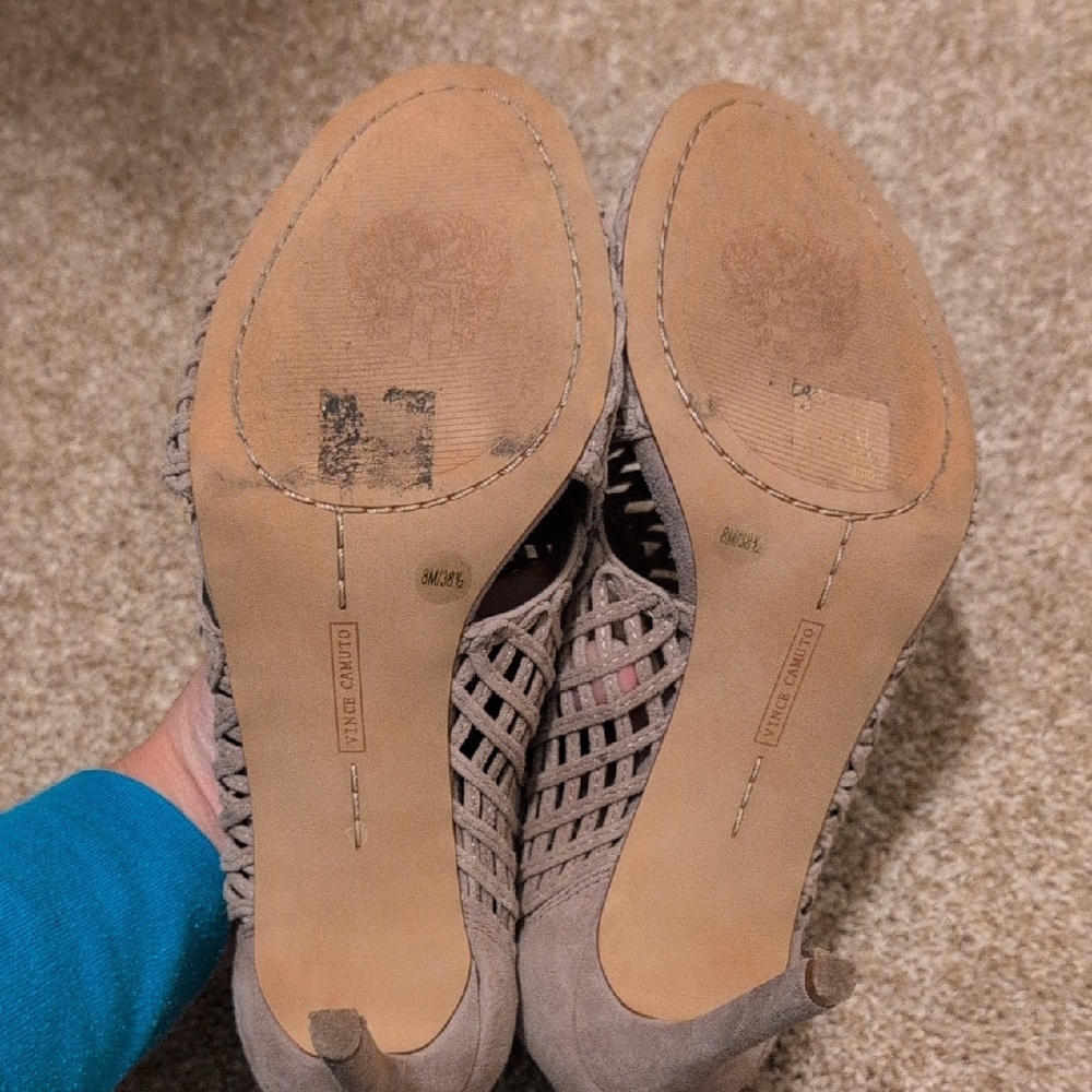 Vince Camuto Taupe Woven Peep-Toe Heels - Picture 6 of 7